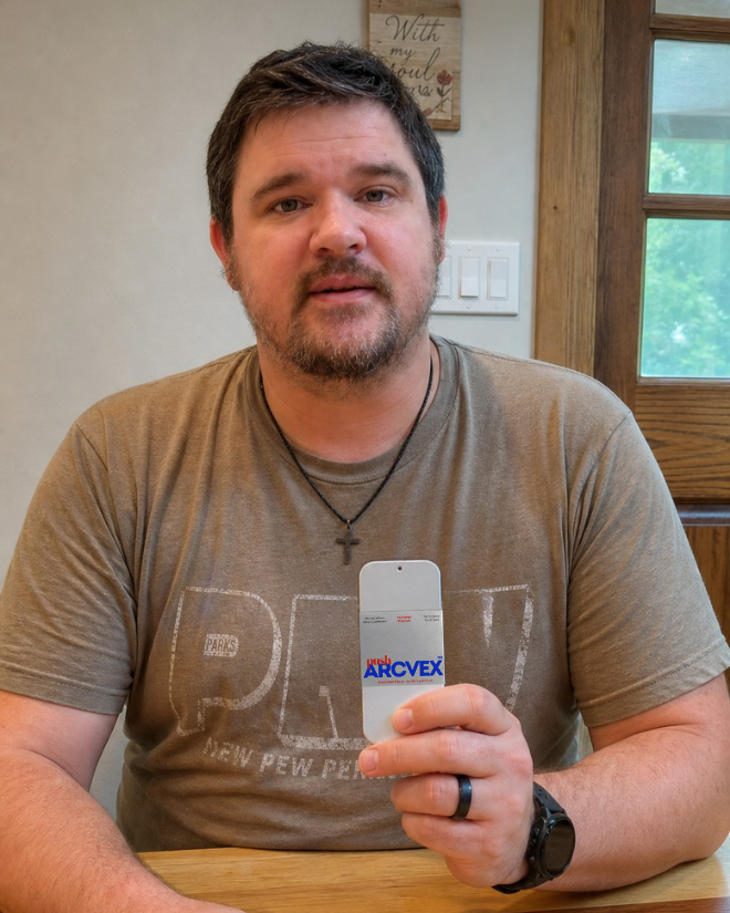 A man wearing a brown graphic t-shirt sits at a wooden table holding a small white arcvex tin.